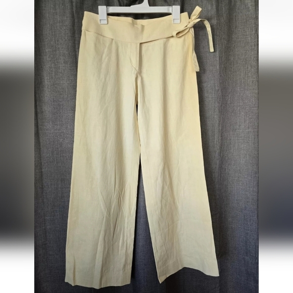 Celine Wide Leg 100% Linen Pants Wrap Waist Cream (Pale Yellow) Size 40 (US 12) - Picture 1 of 7